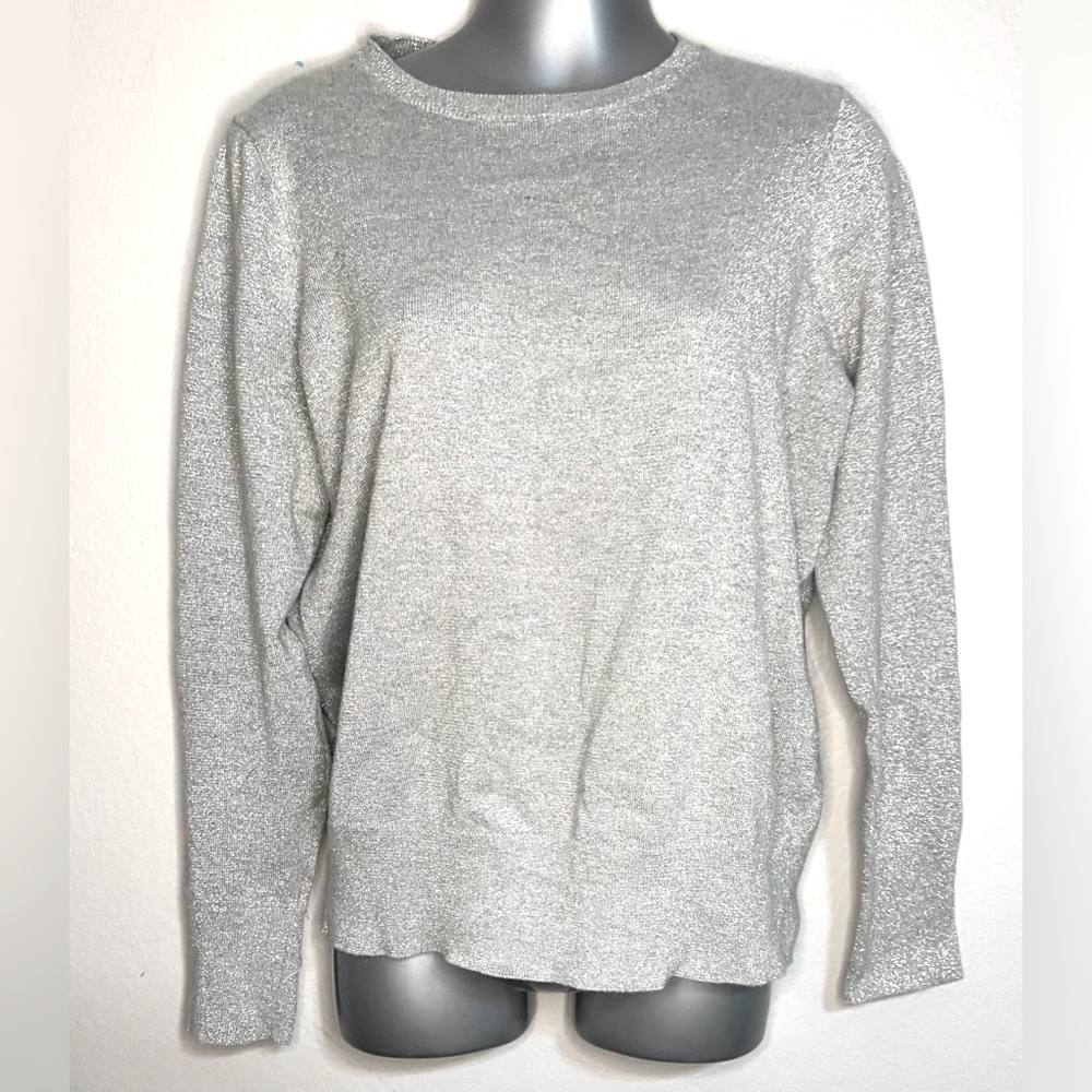 Ann Taylor Factory Silver Metallic crew neck pull over. Size Large.